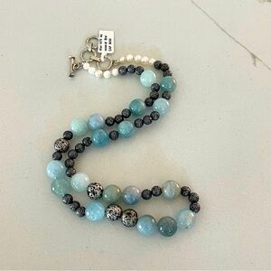 Unisex One of a kind Aquamarine, Lava & cultured Pearls necklace